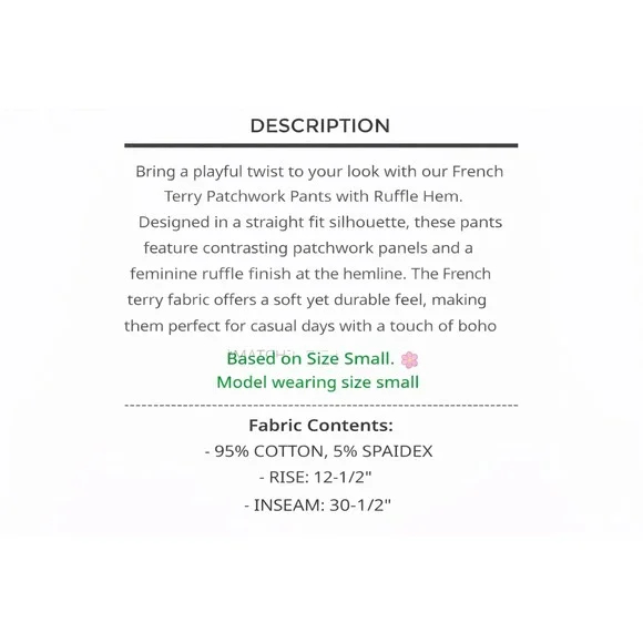 POL French Terry Patchwork Pants Ruffle Hem Floral Boho Acid Wash Tan Small - Picture 4 of 7